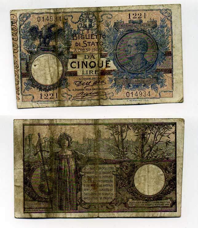 Италия 5 лир 1904 Виктор Эммануил III Pick 23 c, Grapanzano BS 22 450-85-2