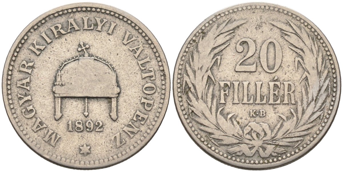 Венгрия 20 филлеров 1892 КВ, Франц Иосиф I (1848-1916), редкий год KM 483 никель 4584-116