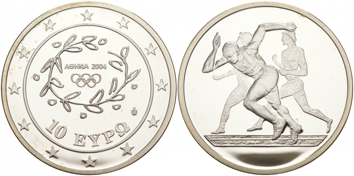Греция 10 евро 2003 XXVIII летние Олимпийские игры 2004 года в Афинах, легкая атлетика, бег KM 190 серебро PROOF 02-015-25