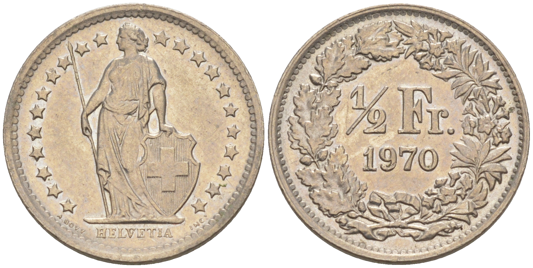 Швейцария 1/2 франка 1970 KM 23а.1 медно-никель 188-1046