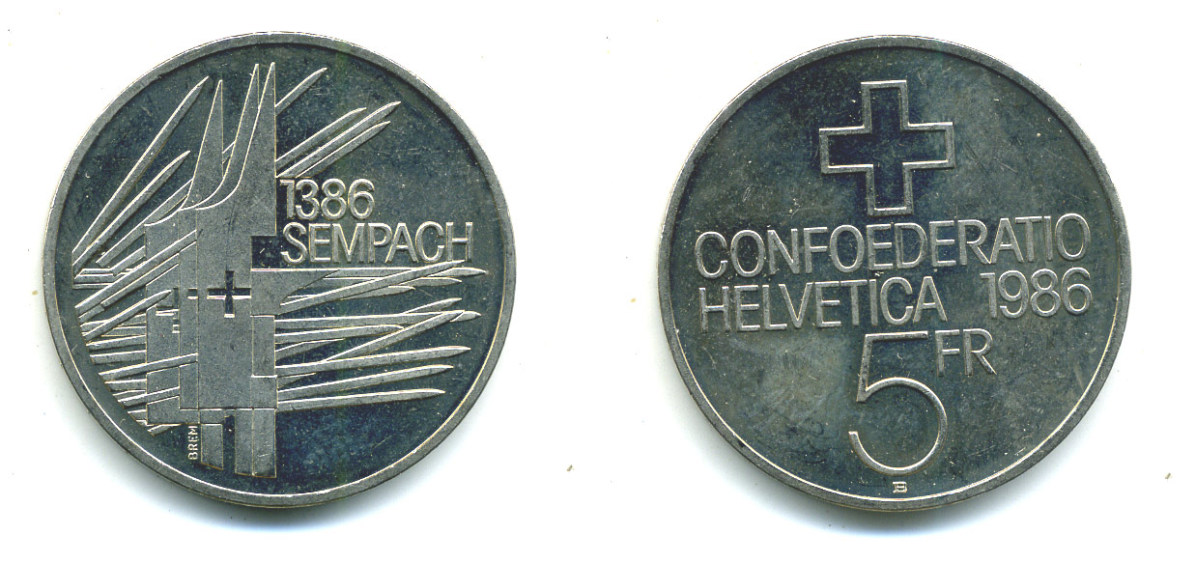 Швейцария 5 франков 1986 B, 600 лет битве при Земпахе KM 65 медно-никель 4385-923