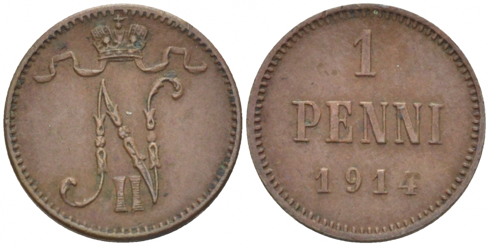 Россия для Финляндии 1 пенни 1914 Николай II (1894-1917) KM 13, Биткин 474 медь 4396-1419