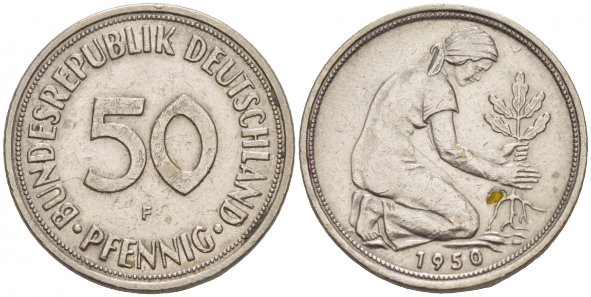 ФРГ 50 ПФЕННИГОВ 1950 F KM 109.1, J. 384 медно-никель 4532-343