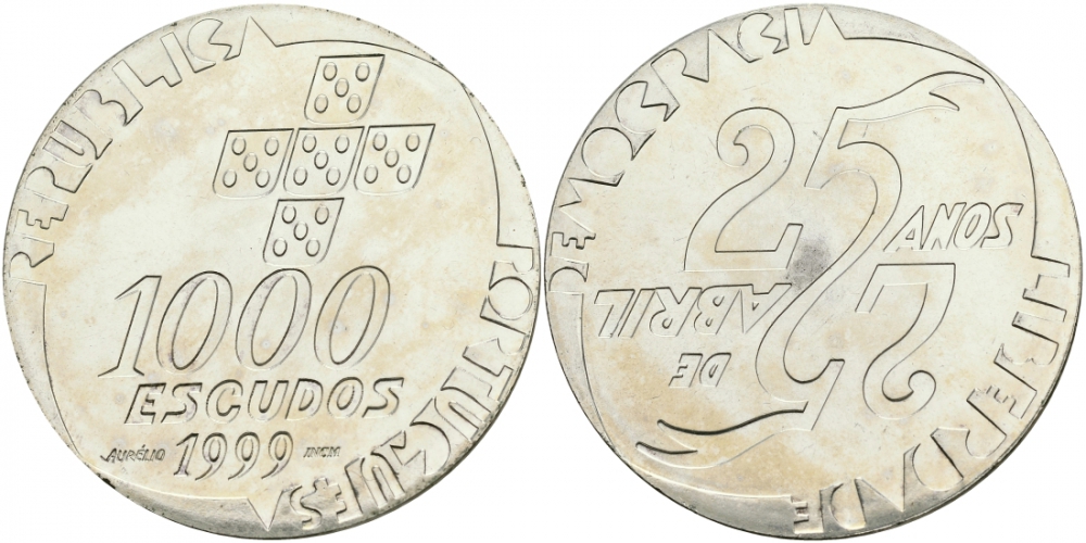 Португалия 1000 эскудо 1999 25 лет Апрельской революции KM 715 серебро UNC 3896-225