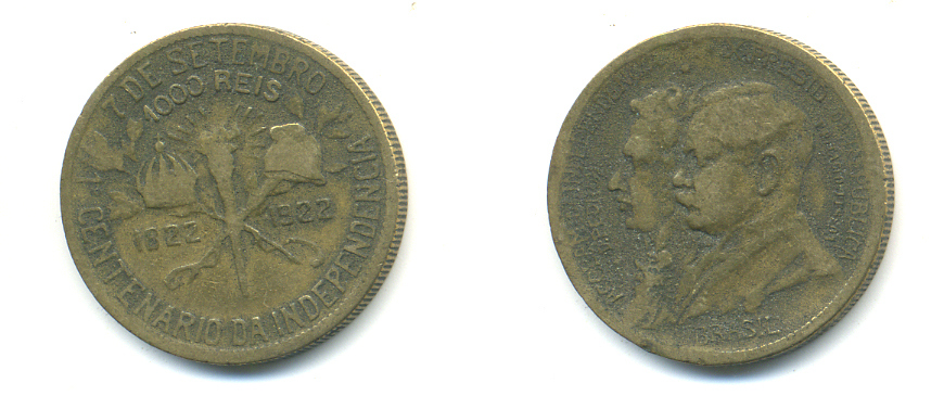 Бразилия 1000 реалов 1922 100 лет независимости Бразилии KM 522.1 алюминиевая бронза     89-1335