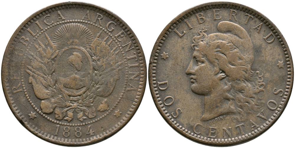 Аргентина 2 сентаво 1884 голова свободы влево KM 8 бронза 4531-513