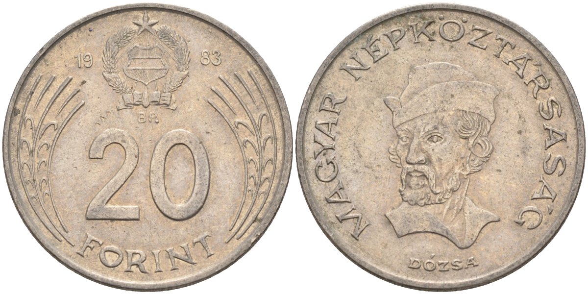 Венгрия 20 форинтов 1983 Дьёрдь Дожа KM 630 медно-никель 4122-1257
