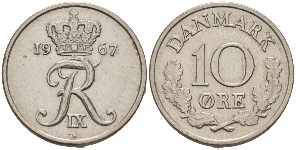 Дания 10 эре 1967 C; S, Фредерик IX (1947-1972) KM 849.1 медно-никель 66-414