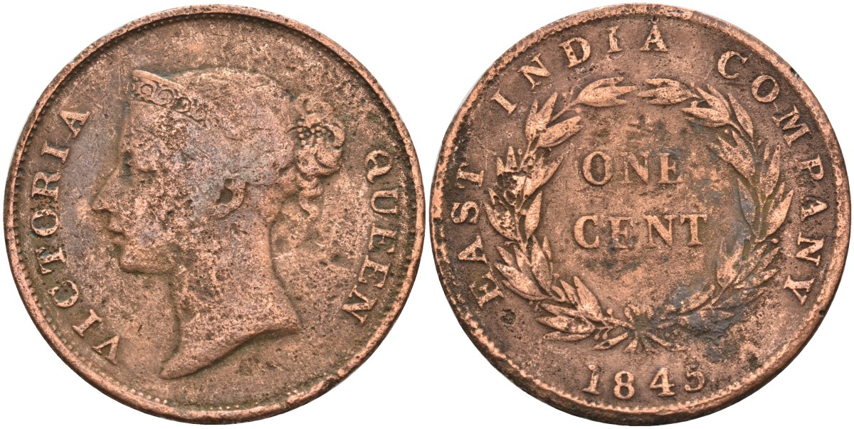 Стрейтс-Сетлментс 1 цент 1845 Виктория (1837-1901), Ост-Индская компания KM 3 медь 4590-126