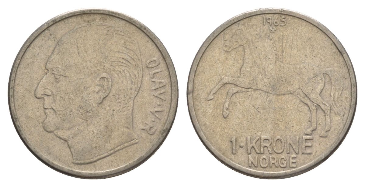 Норвегия 1 крона 1965 Улаф V (1957-1991) KM 409 медно-никель 4635-645