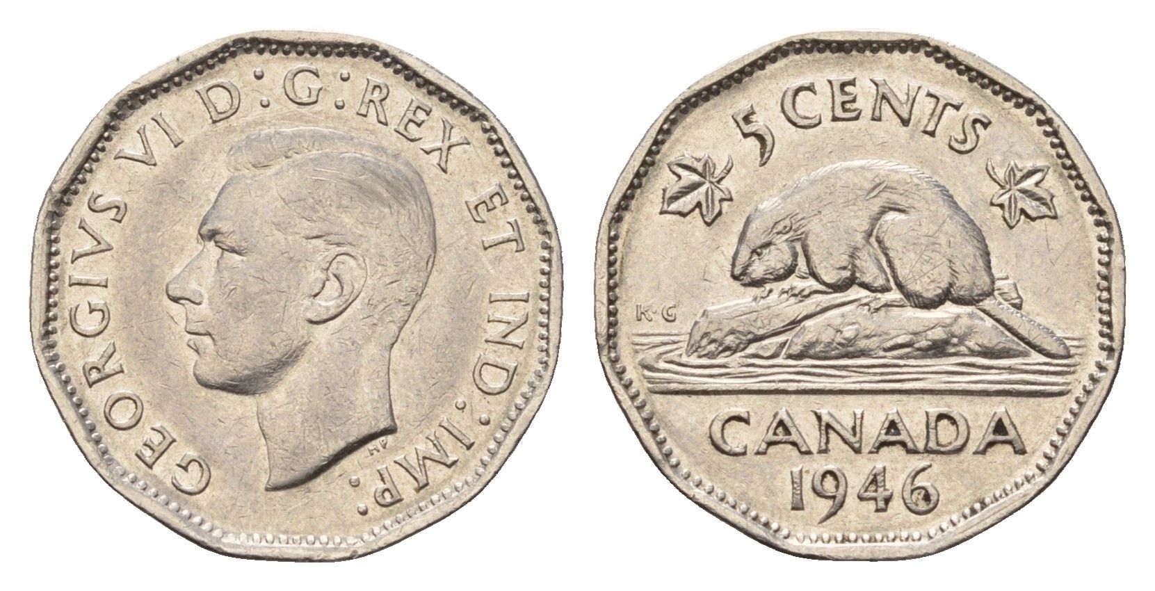 Канада 5 центов 1946 бобр Dot, Георг VI (1936-1952) KM 39a никель 75-1639