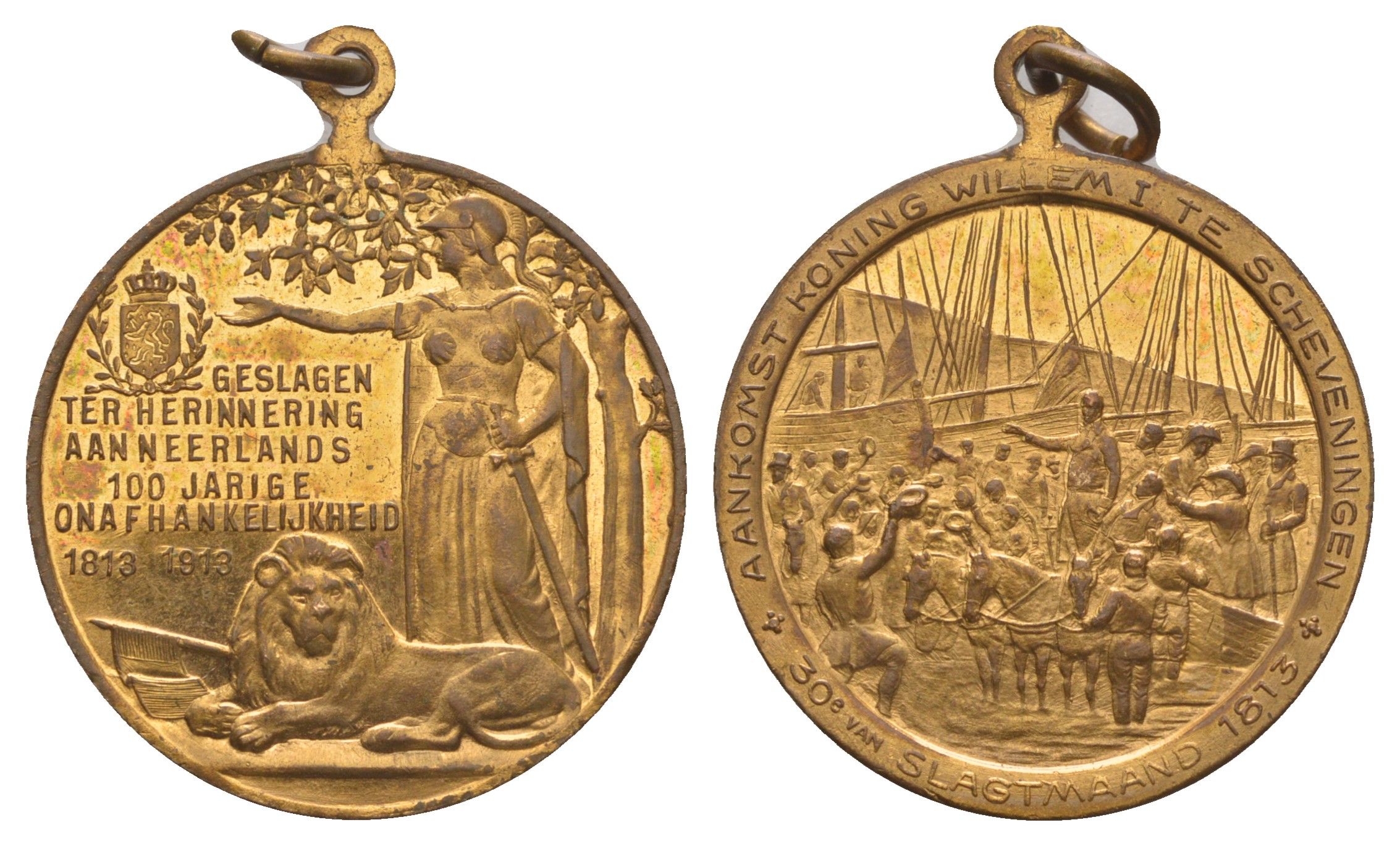 Нидерланды медаль "100-летия независимости Нидерландов 1813–1913" 1913 Прибытие короля Виллема I в Схевенинген, диаметр 29 мм, вес 9 гр бронза UNC 4044-1145