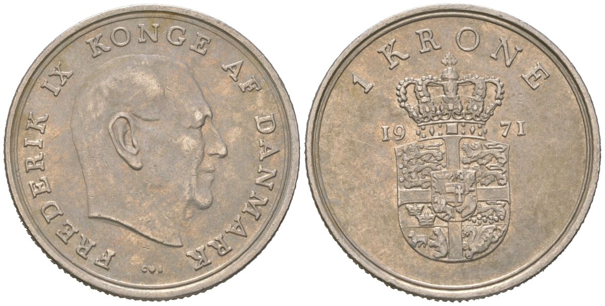 Дания 1 крона 1971 C; S, Фредерик IX (1947-1972) KM 851 медно-никель aUNC 216-114