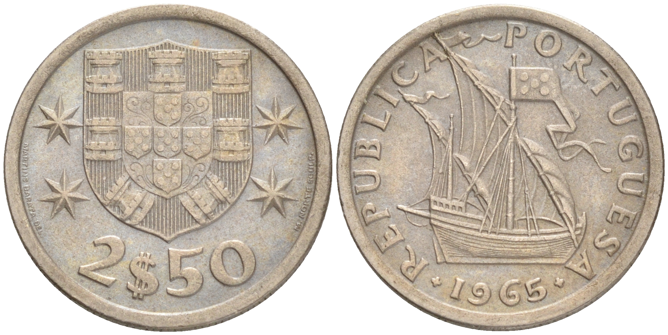 Португалия 2,5 эскудо 1965 парусник KM 590 медно-никель 75-1326