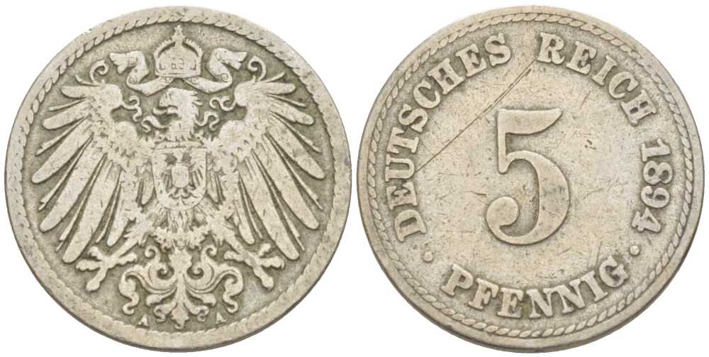 ГЕРМАНИЯ 5 ПФЕННИГОВ 1894 А KM 11, J. 12 медно-никель 206-1168