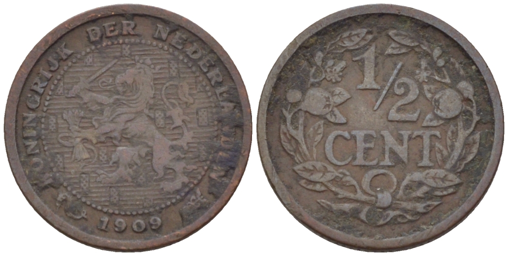 НИДЕРЛАНДЫ 1/2 ЦЕНТА 1909 ВИЛЬГЕЛЬМИНА (1890-1948) KM 138 бронза 39-154