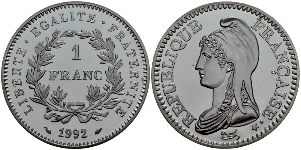 Франция 1 франк 1992 200 лет Французской республике KM 1005 серебро UNC 00-00-00