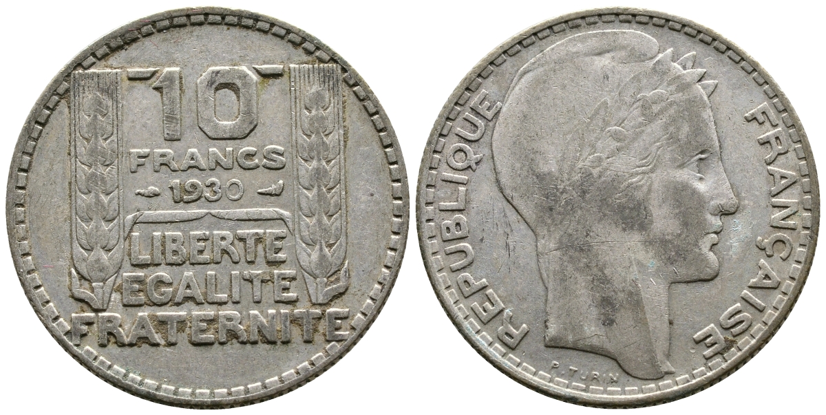 Франция 10 франков 1930 Пьер Тюрен KM 878, Le Franc 360.3 серебро 79-443