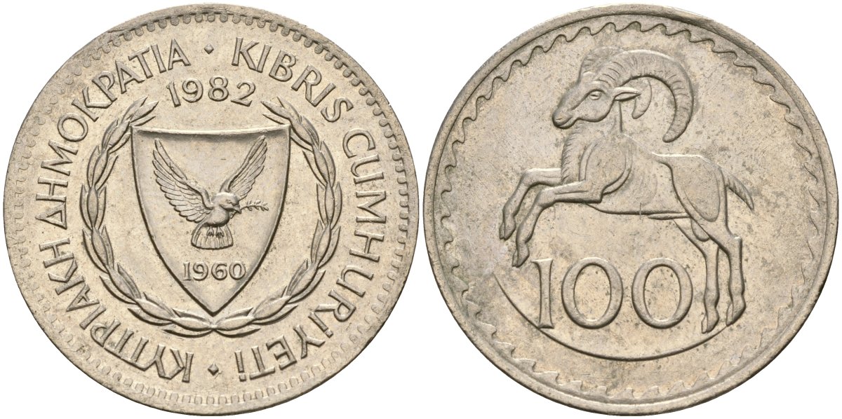 Кипр 100 милсов 1982 европейский муфлон KM 42 медно-никель 4168-645