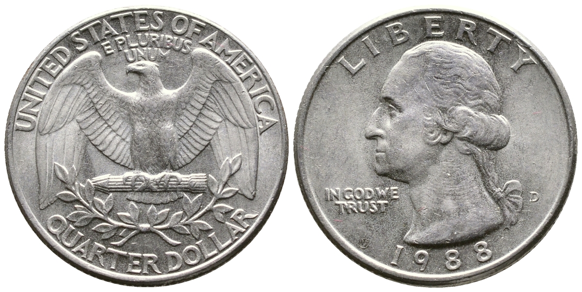 США 25 ЦЕНТОВ = КВОТЕР 1988 D, ВАШИНГТОН KM А164а медь плакированная медно-никелем 23-235