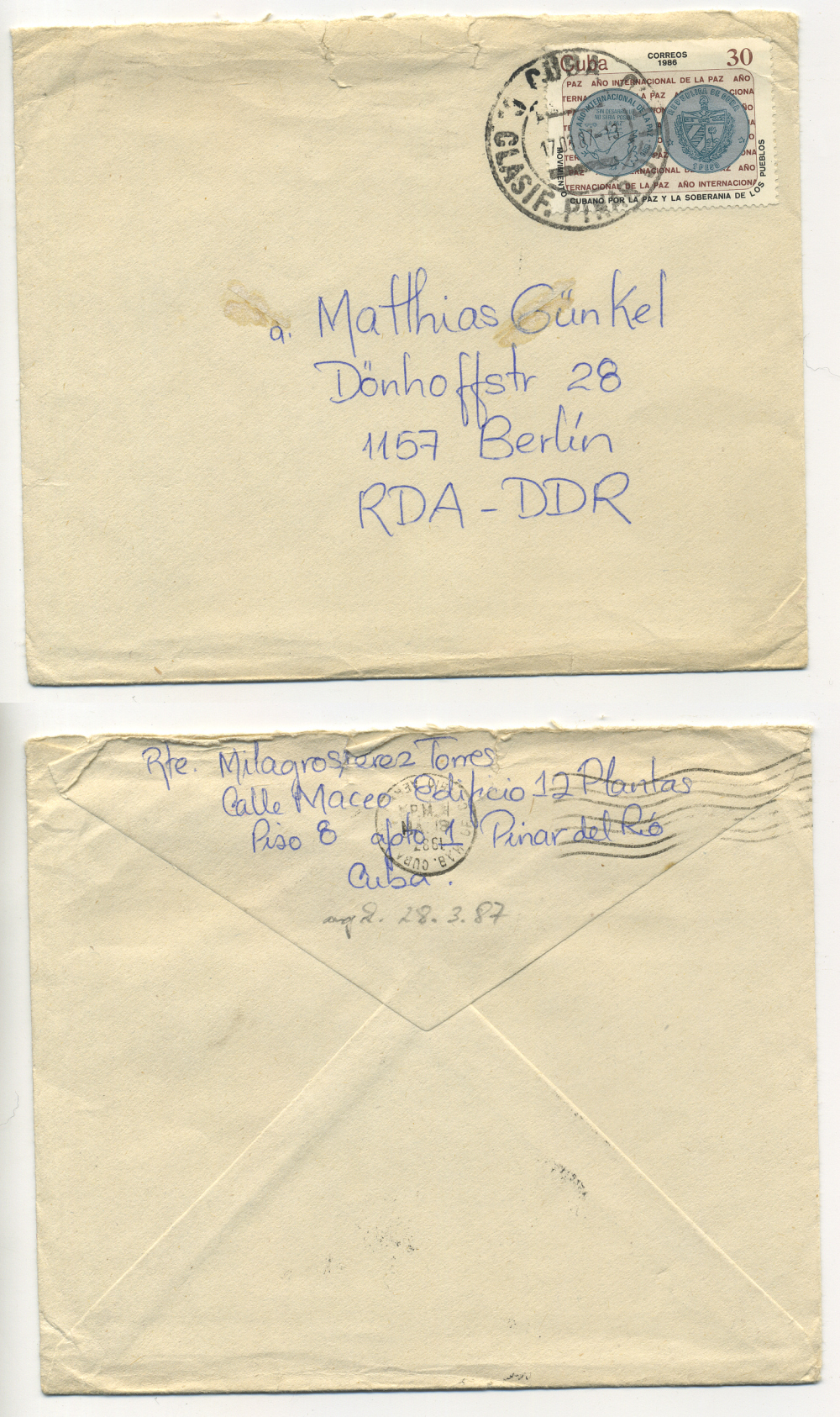 КУБА ПИСЬМО В ГДР 1987 ОРИГИНАЛЬНОЕ ПИСЬМО С КОНВЕРТОМ И МАРКОЙ КУБЫ, В ГДР, БЕРЛИН, МАТИАСУ ГЮНКЕЛЮ бумага 504-31-1