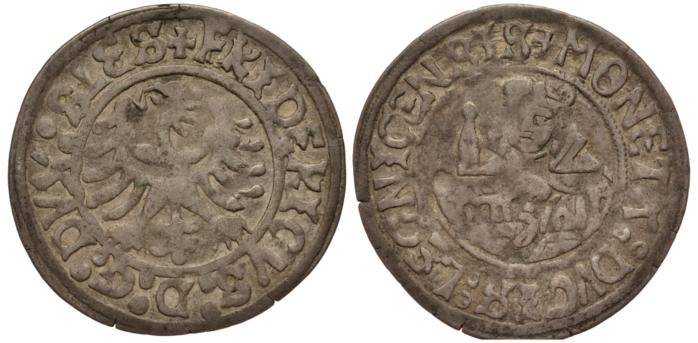 СИЛЕЗИЯ-ЛЕГНИЦА-БЖЕГ 1 ГРОШ 1488-1547 ФРИДРИХ II ВЕЛИКИЙ ГЕРЦОГ ЛЕГНИЦКИЙ (1488-1547), ВЕС 1,6 ГР. Friedensburg 599 серебро 1516-833