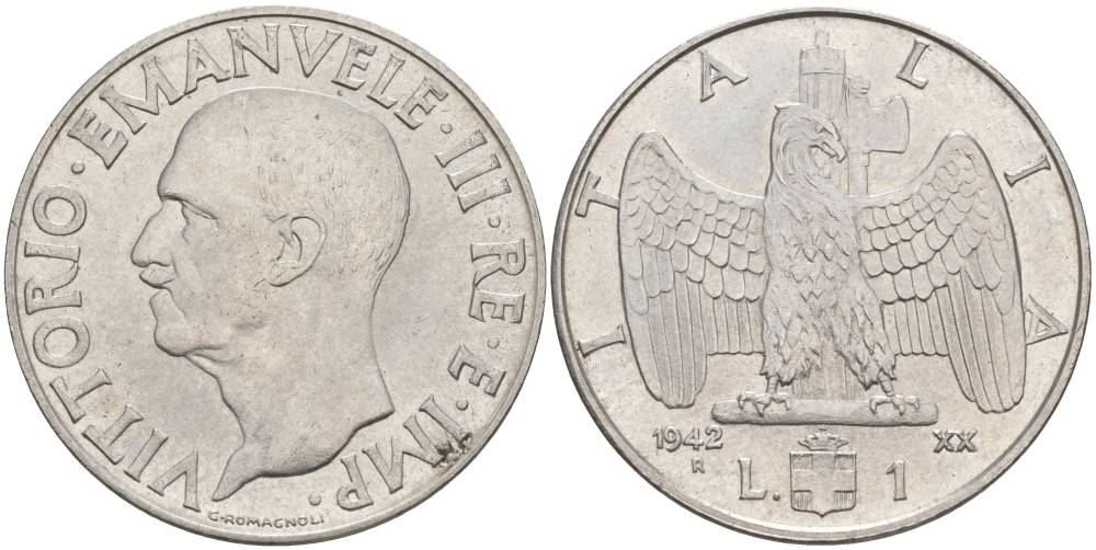 ИТАЛИЯ 1 ЛИРА 1942 R, ГОД XX, ВИКТОР ЭММАНУИЛ III (1900-1946) KM 77b, VEM3. 1102 нержавеющая сталь 3855-432
