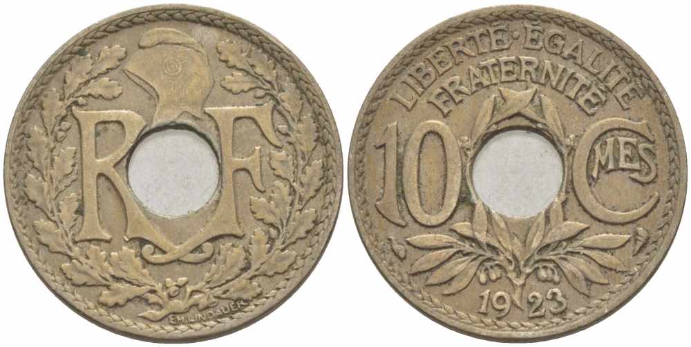 ФРАНЦИЯ 10 САНТИМОВ 1923 ТИП ЛИНДАЙЁ KM 866а, LE FRANC 138.8 медно-никель 108-143