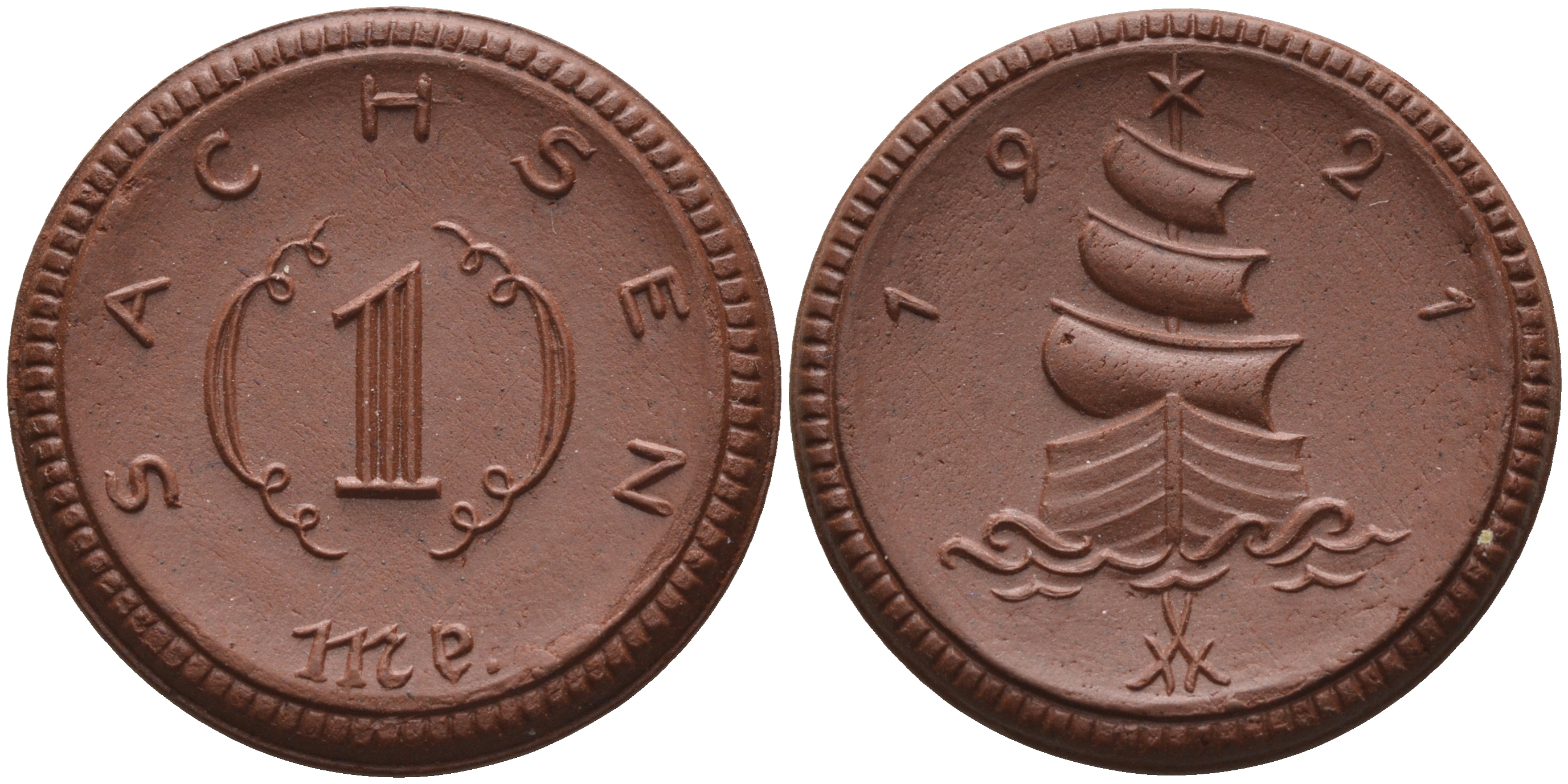 Саксония 1 марка 1921 парусник J. N 55 фарфор 1094-3-72