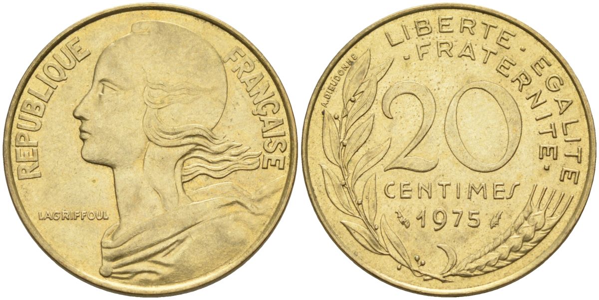 Франция 20 сантимов 1975 тип Marianne KM 930, Le Franc 156.15 медь алюминий никель 4592-1044