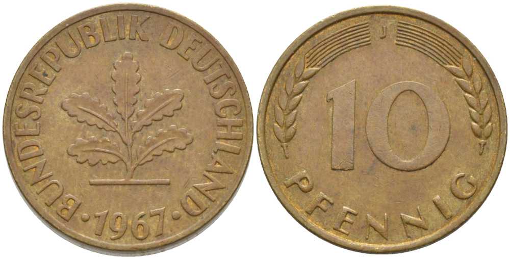 ФРГ 10 ПФЕННИГОВ 1967 J KM 108, J. 383 сталь плакированная латунью 175-741