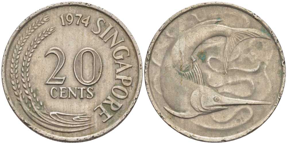 СИНГАПУР 20 ЦЕНТОВ 1974 ГОЛУБОЙ МАРЛИН, ТУНЕЦ KM 4 медно-никель 61-1116