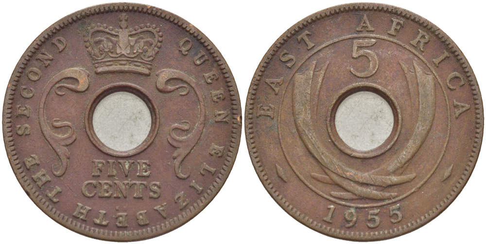 Британская Восточная Африка 5 центов 1955 Елизавета II (1952-) KM 37 бронза 94-724