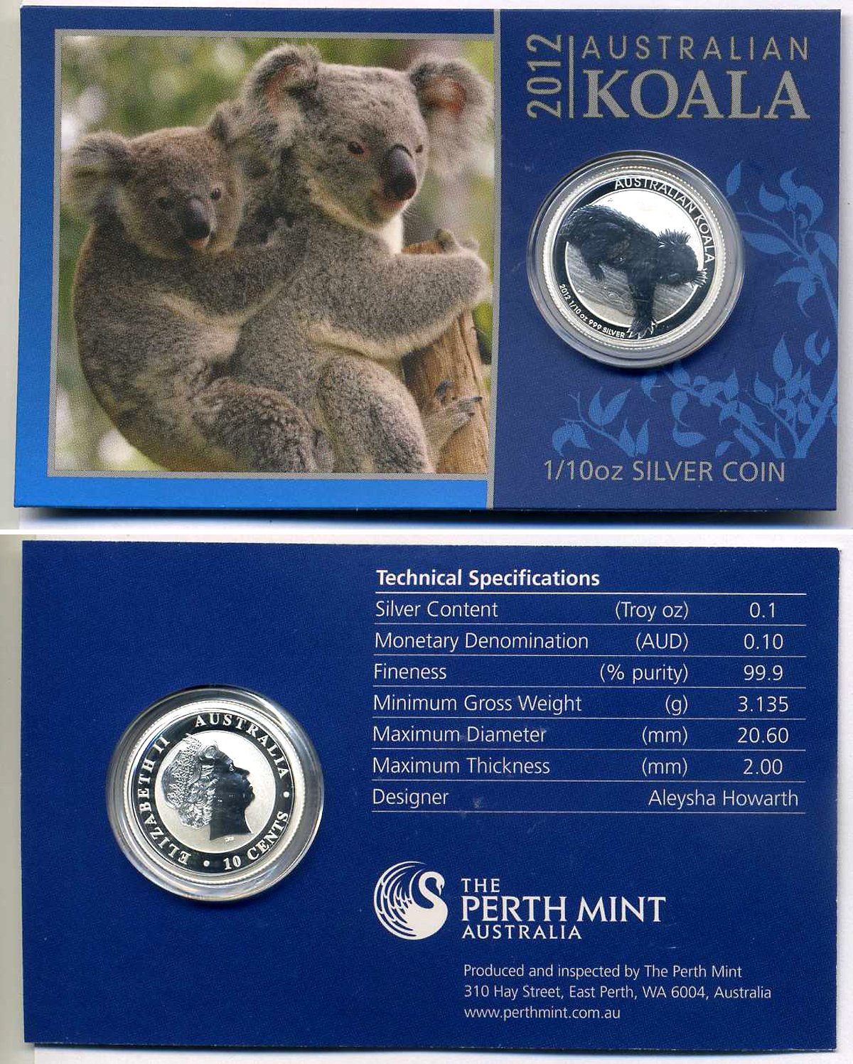 Австралия 10 центов 2012 Елизавета II (1952-2022), коала, 1/10 унции серебро PROOF 3-4-8-79