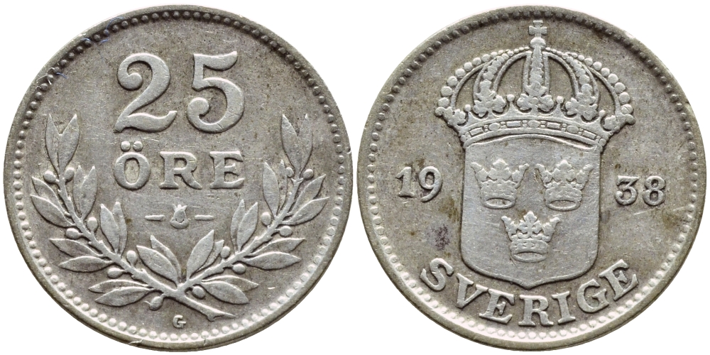 Швеция 25 эре 1938 Густав V (1907-1950) KM 785 серебро 1530-834