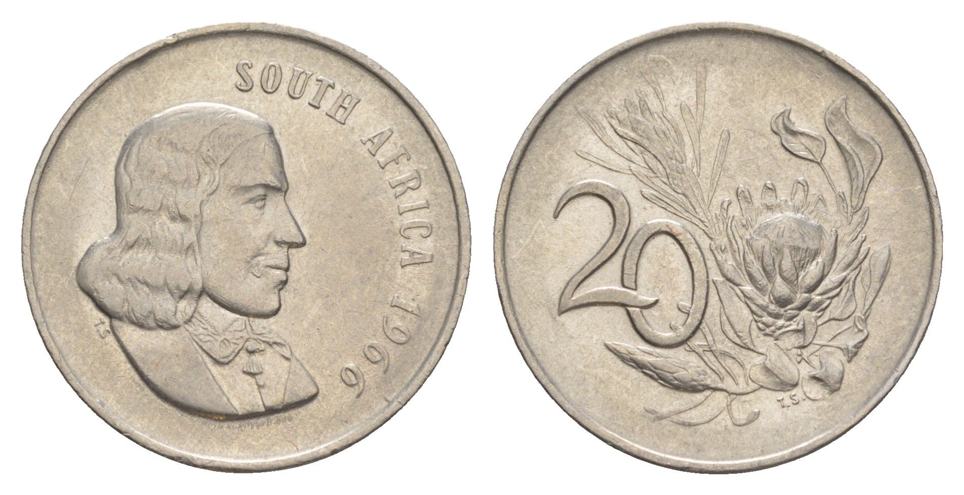 ЮАР 20 центов 1966 Ян ван Рибек (1619-1677), South Africa, легенда на английском, цветок протея KM 69.1 никель 4603-854