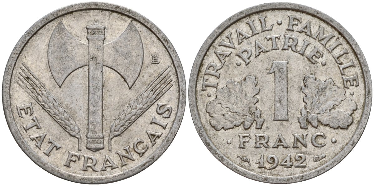 Франция 1 франк 1942 LB, тип LOURDE, правительство Виши KM 902.1, Le Franc 222.2 алюминий 4187-955