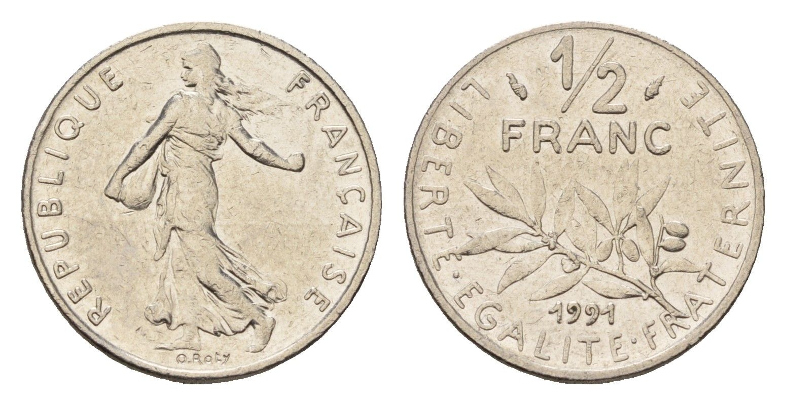 Франция 1/2 франка 1991 сеятель KM 931.1 никель 192-1024