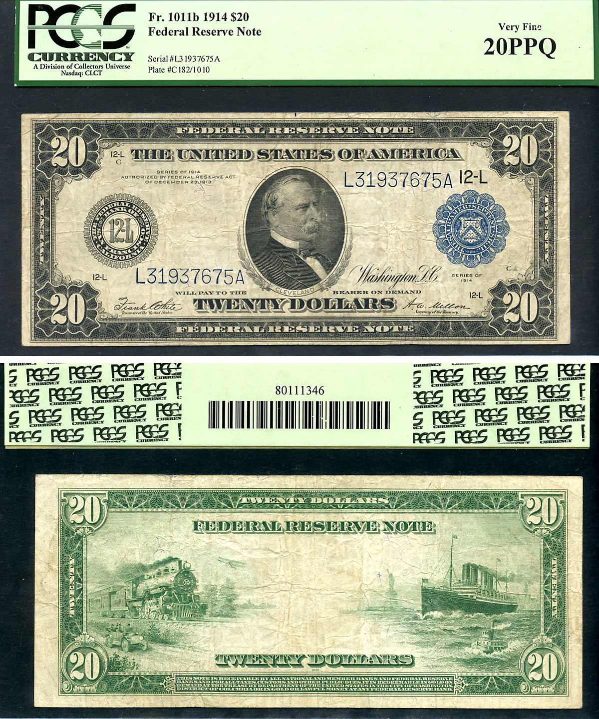 США 20 долларов 1914 National Bank Note, Сан-Франциско, Гровер Кливленд - 22-й и 24-й президент США, в слабе PCGS 20 PPQ Fr 1011B  бумага   452-1-151