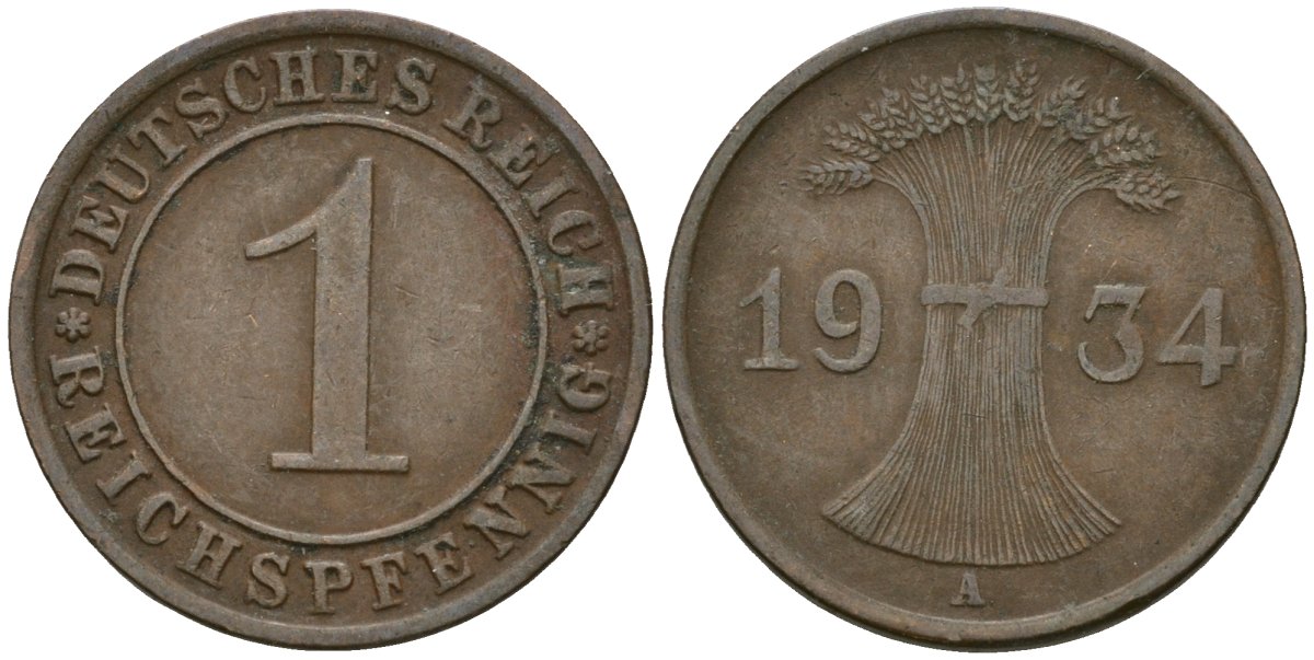 Германия 1 рейхспфенниг 1934 A KM 37, J. 313 бронза 4189-1237