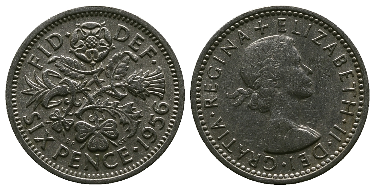 Великобритания 6 пенсов 1956 Елизавета II (1952-2022) KM 903, Spink 4149 медно-никель 4381-651