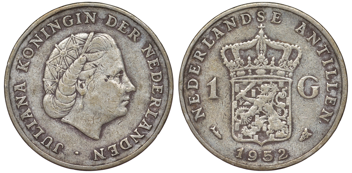 Нидерландские Антилы 1 гульден 1952 Юлиана (1948-1980) KM 2 серебро 36-955