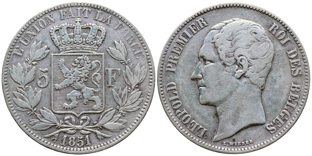 Бельгия 5 франков 1851 Леопольд I (1831-1865) KM 17 серебро 00-1067-3-52