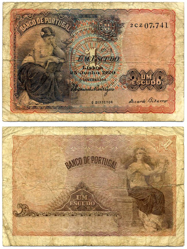 Португалия 1 эскудо 1920 25 июня 1920, подпись  Duarte Augusto de Abranches Bizarro Pick 113b.1920(5)  бумага  VF 6285-26-3-1