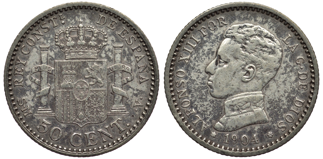 ИСПАНИЯ 50 СЕНТИМО 1904 (04) S.M-V АЛЬФОНСО XIII KM 723 серебро 1521-115