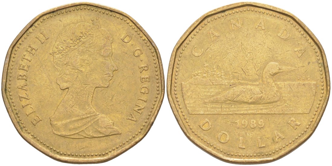Канада 1 доллар 1989 утка, Елизавета II KM 157 никель плакированный алюминиевой бронзой 63-631