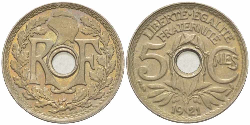 ФРАНЦИЯ 5 САНТИМОВ 1921 ТИП ЛИНДАЙЁ KM 875, LE FRANC 122.3 медно-никель UNC 4379-767
