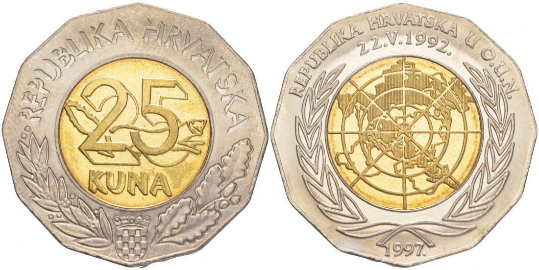 Хорватия 25 кун 1997 5 лет членства Хорватии в ООН, карта KM 48 биметалл UNC 4149-1014