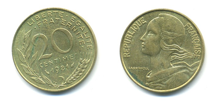 ФРАНЦИЯ 20 САНТИМОВ 1981 KM 930 медь алюминий никель 25-225