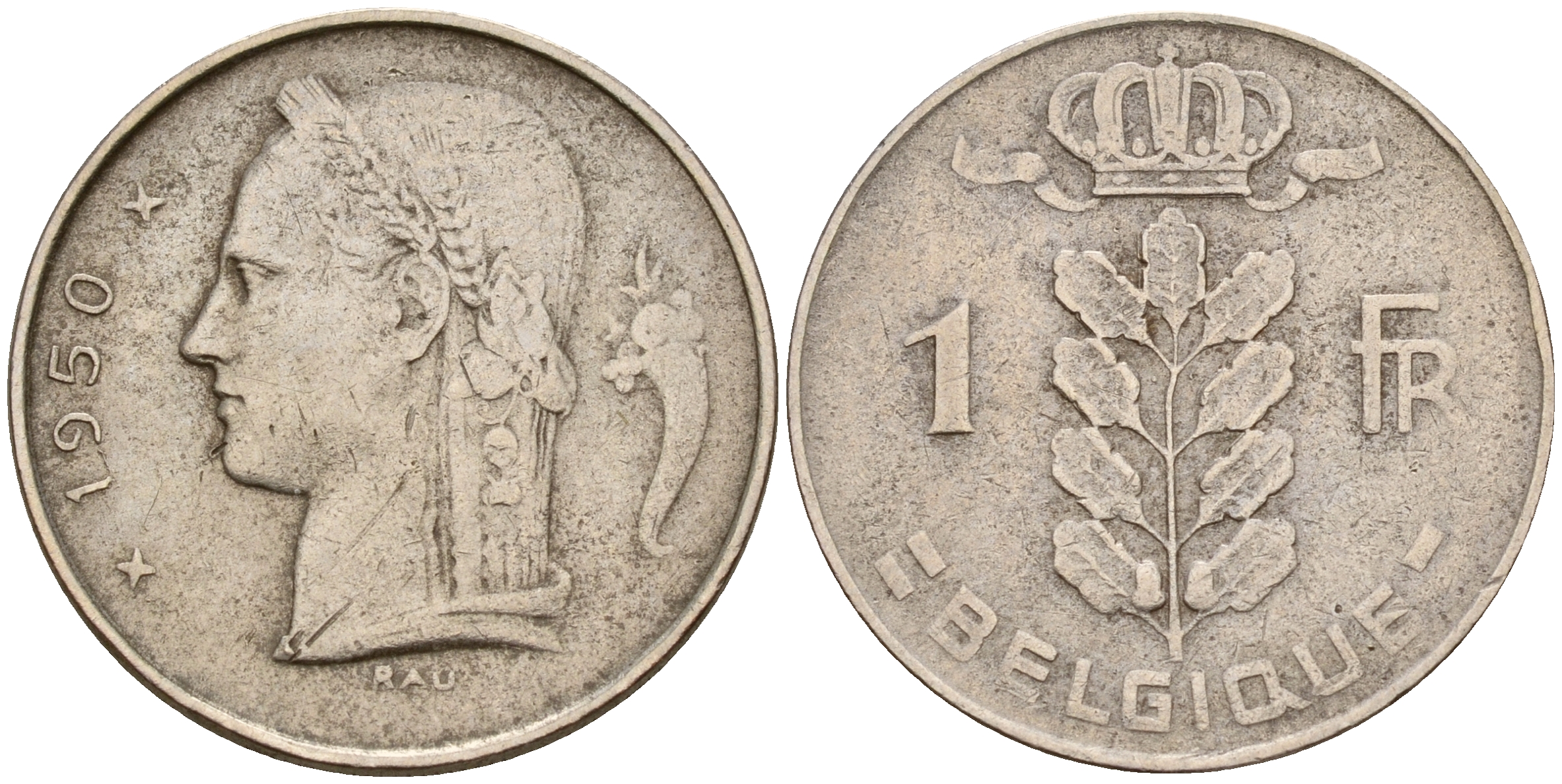 Бельгия 1 франк 1950 Belgique, первый год KM 142.1 медно-никель    4161-1223